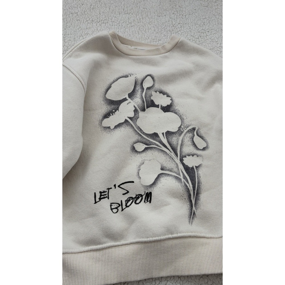 Zara Girls Sweatshirt Crewneck Cream w/ Black Flower Print Kids Size 6-7 Floral - Picture 2 of 9
